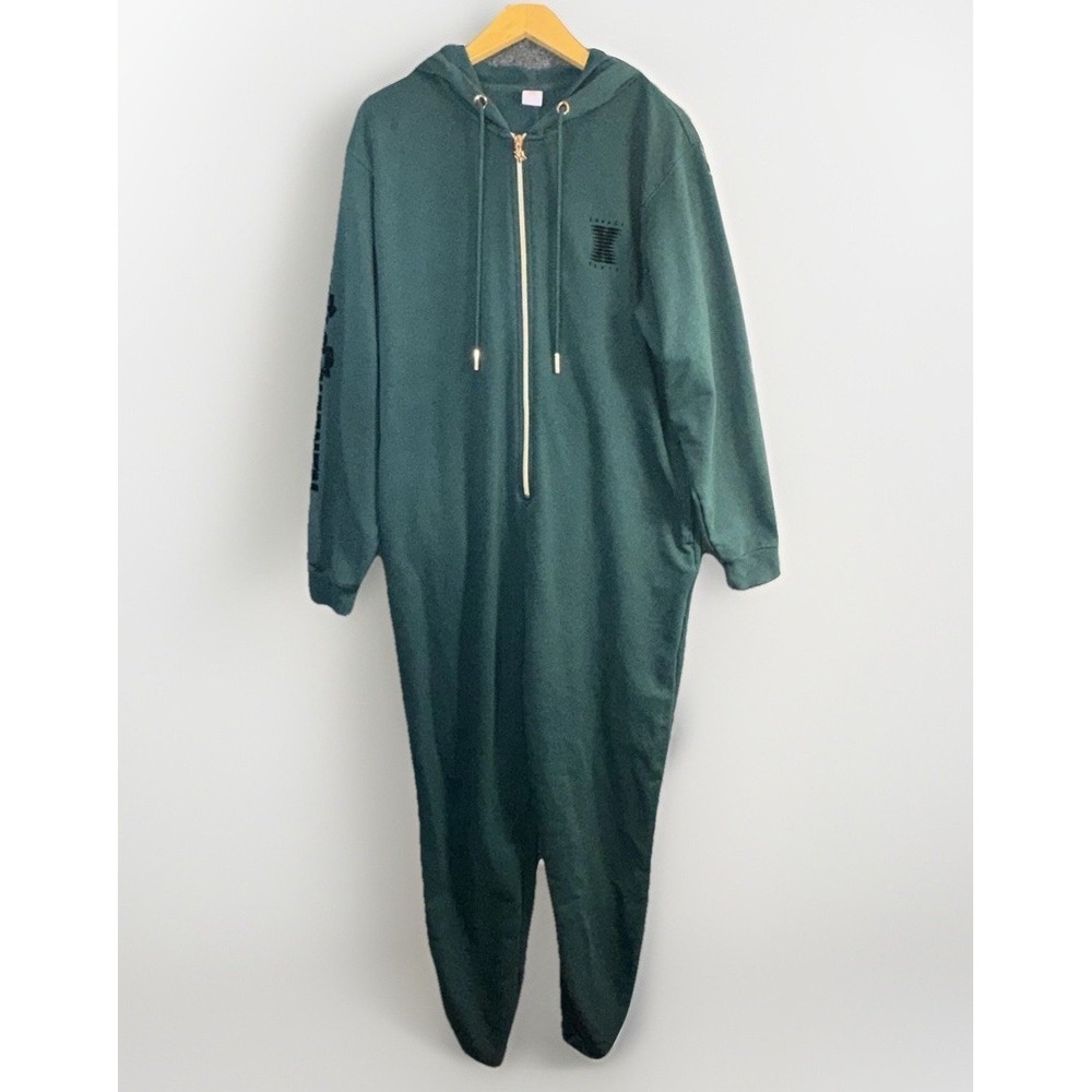Savage X Fenty Womens Green Hooded One-Piece Half-Zip Jumpsuit Loungewear Large